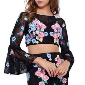 New Nox Anabel Cropped Blk Lace Flounce Slve Sheer Floral Embrodery Top Women L